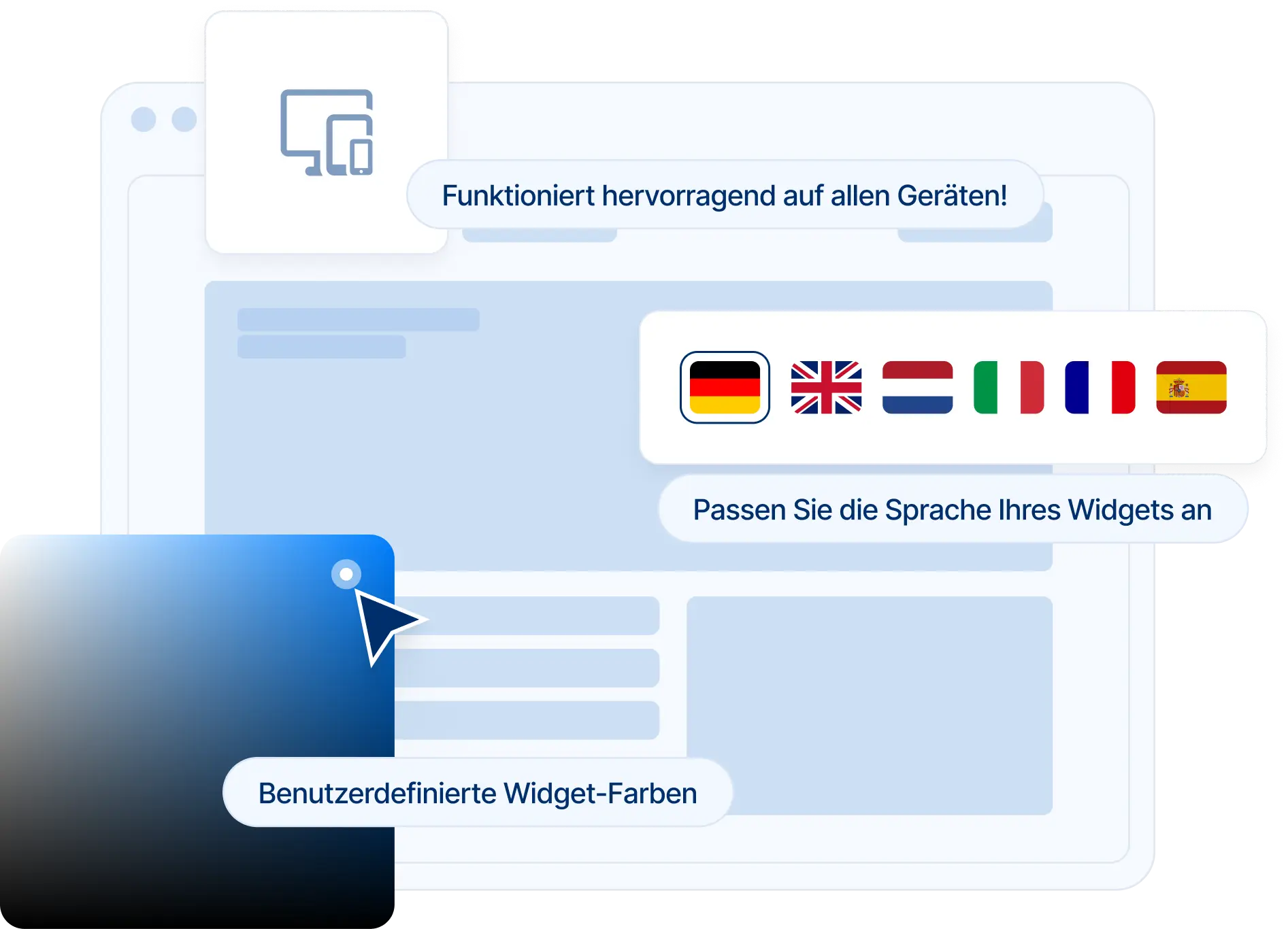 Mehrsprachige Widget-Unterstützung, benutzerdefinierte Farben und responsive Darstellung auf allen Geräten.