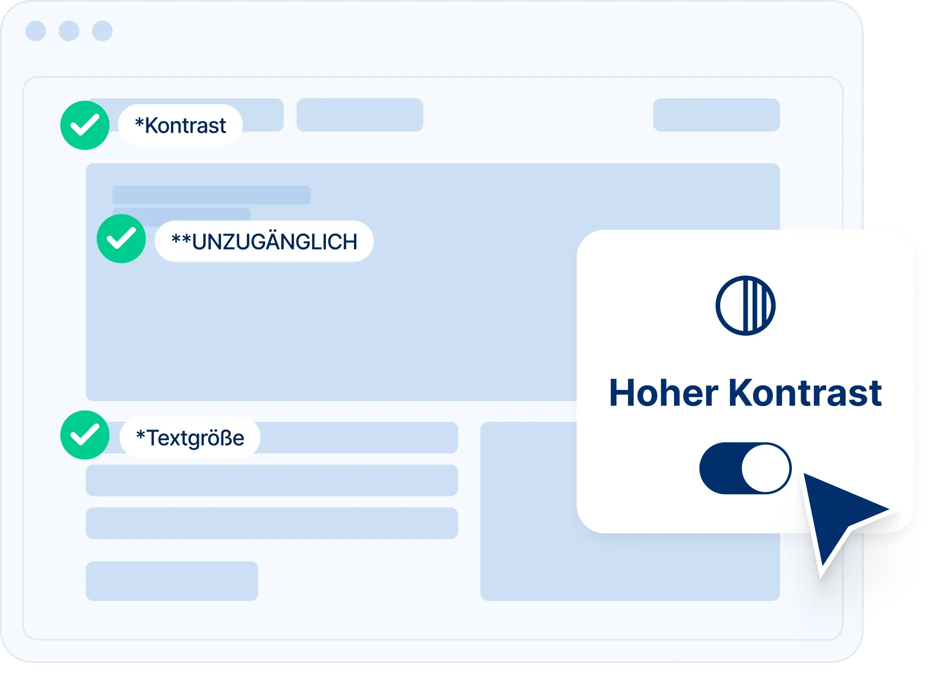 Illustration der Kontrast-Funktion für barrierefreie Webseiten mit Fokus auf bessere Lesbarkeit und Sichtbarkeit.